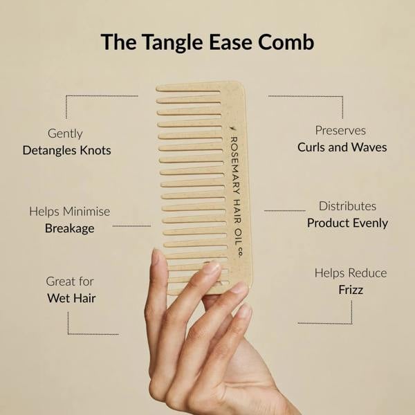 Wooden comb with text on a beige background, Beige comb with 'Rosemary Hair Oil Co.' branding on a beige background, wide tooth flat comb, 