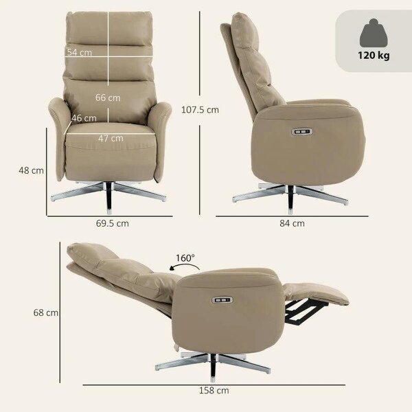 Power Recliner Chair, Swivel Electric Reclining Chair with Type C+USB, Recliner Armchair with Footrest, Brown