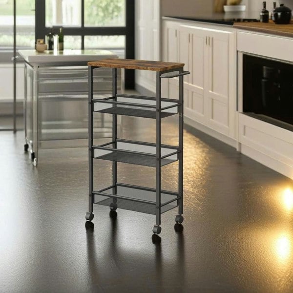 Modcraft Slim 4-Shelf Rolling Trolley, Space-Saving Kitchen Cart with Wheels, Rustic Brown and Black