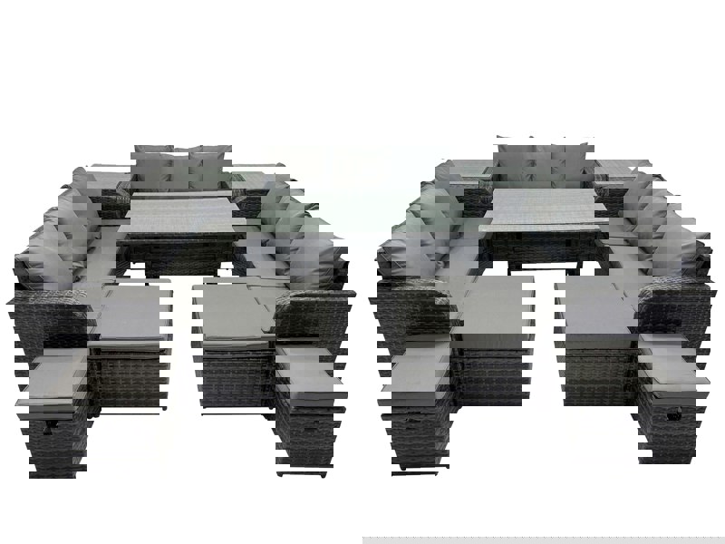 Fimous 13 Seater Garden Outdoor Rattan Furniture Set Rattan Sofa Oblong Dining Table with 2 Side Table 4 Footstools Dark Grey