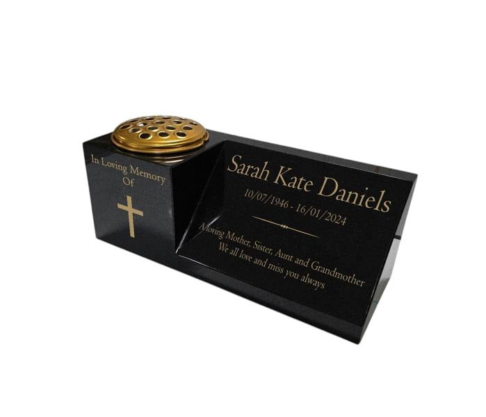 Memorials Direct Granite Memorial Vase and Plaque Combination – Cross Design, Solid Granite (16x6x6”) with Flower Pot Insert