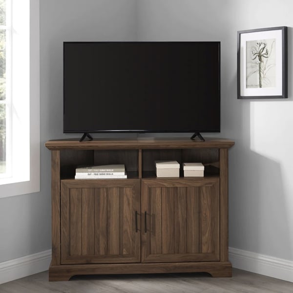 Homeology SAVANNAH True-Corner-Friendly Walnut 6-Shelf Luxury Cabinet Suitable for Flat Screen TVs up to 50"