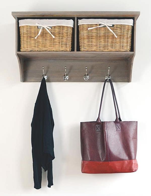 Statement Furniture Tetbury Acacia Wood Hanging Shelf with Coat Hooks and Storage Baskets