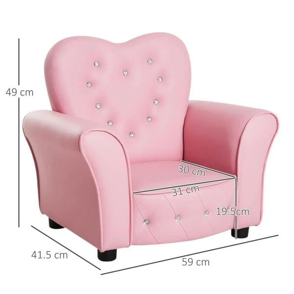Pink kids armchair with heart backrest, tufted seat panel, and rhinestone studs