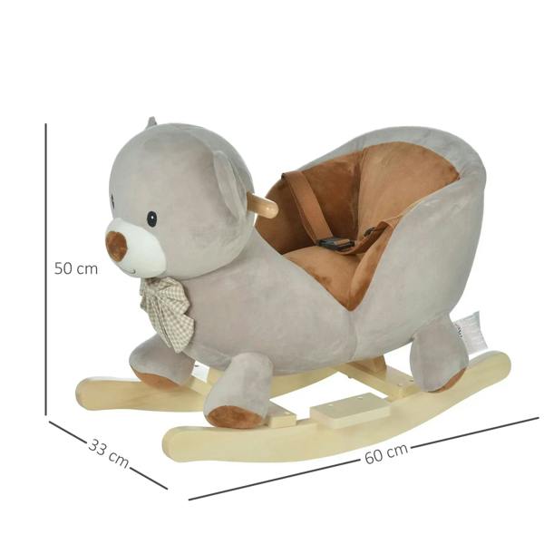 Grey plush bear rocking ride-on with brown inner seat and bow tie, wooden base