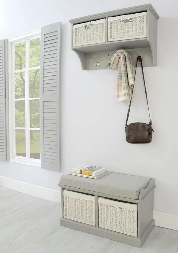 Statement Furniture Tetbury Hanging Shelf with 2 White Wicker Baskets. Wallmounted Coat Rack Assembled