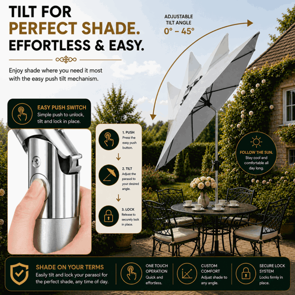 GlamHaus Tilting Garden Parasol Table Umbrella 2.7M with Crank Handle, UV40 Protection, Free Protection Cover - Light Grey
