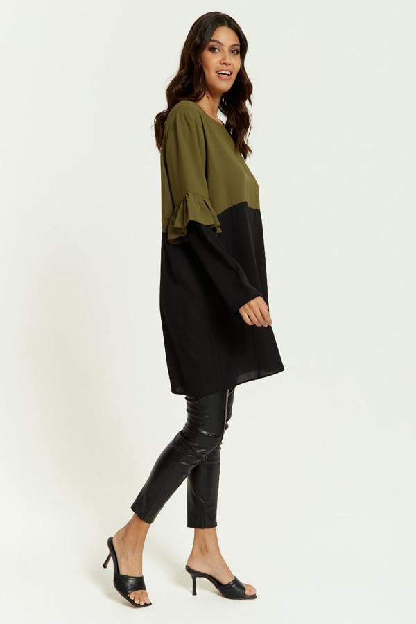 Hoxton Gal Colour Block Satin Tunic with Frill Detailed on Sleeve in Khaki and Black