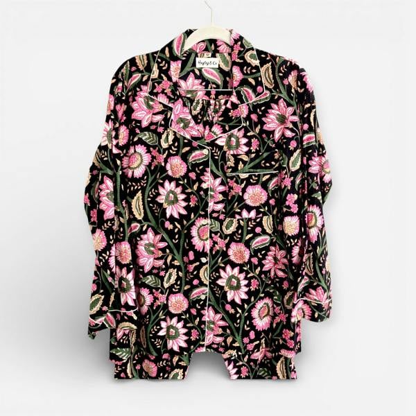Hayley & Co Black and Pink Block Print Floral 100% Cotton Long Pyjama Set
