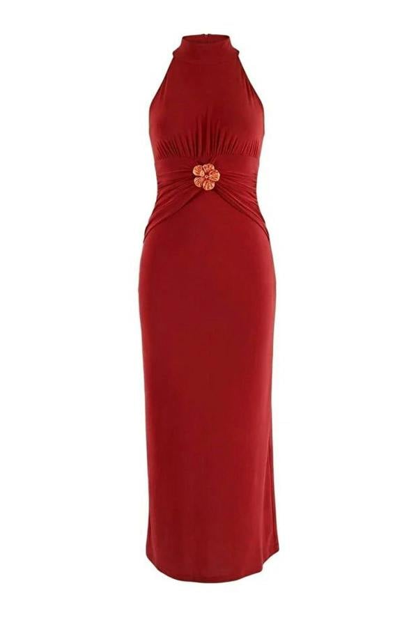 WOVCOR Halter Neck Midi Stretch Knit Dress