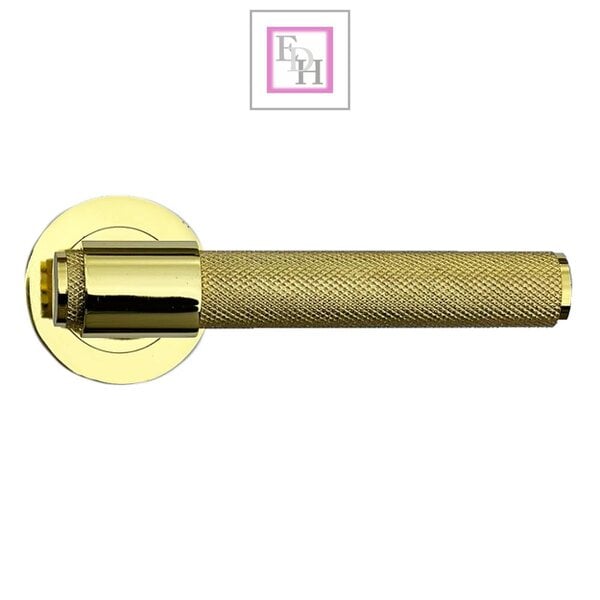 EDH Door Hardware Knurled Door Handles Brass Polished Loop & Neck Lever on Round Rose Latch Handle