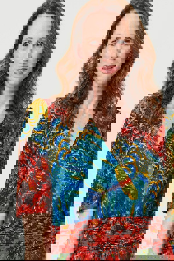 Blue | Printed Ruched Waist Faux Wrap Midi Dress