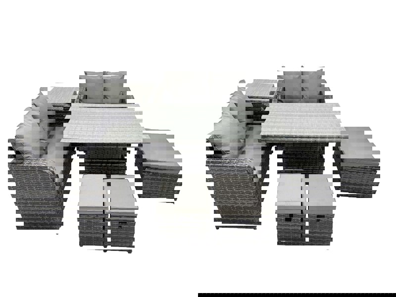 Fimous 7 seater Patio Height Adjustable Rising Lifting Table Sofa Sets Rattan Garden Furniture Dining Set with 3 Stools Side Table Dark Grey Mixed