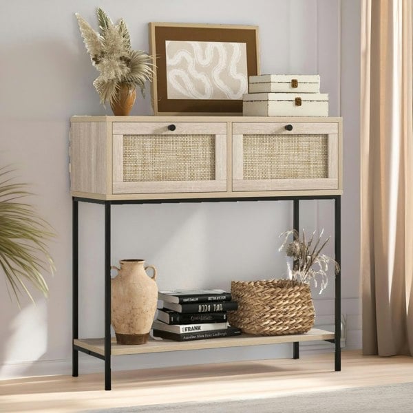 Rafaelo Mobilia Boho Style Hallway Console Table With 2 Drawers Light Brown