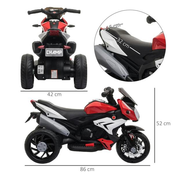 Kids three-wheel electric ride-on motorcycle toy, rear view with black seat and red accents