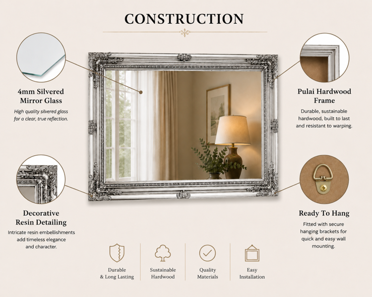 Downton Interiors Large Antique Silver Wood Frame Wall Mirror 90cm x 65cm
