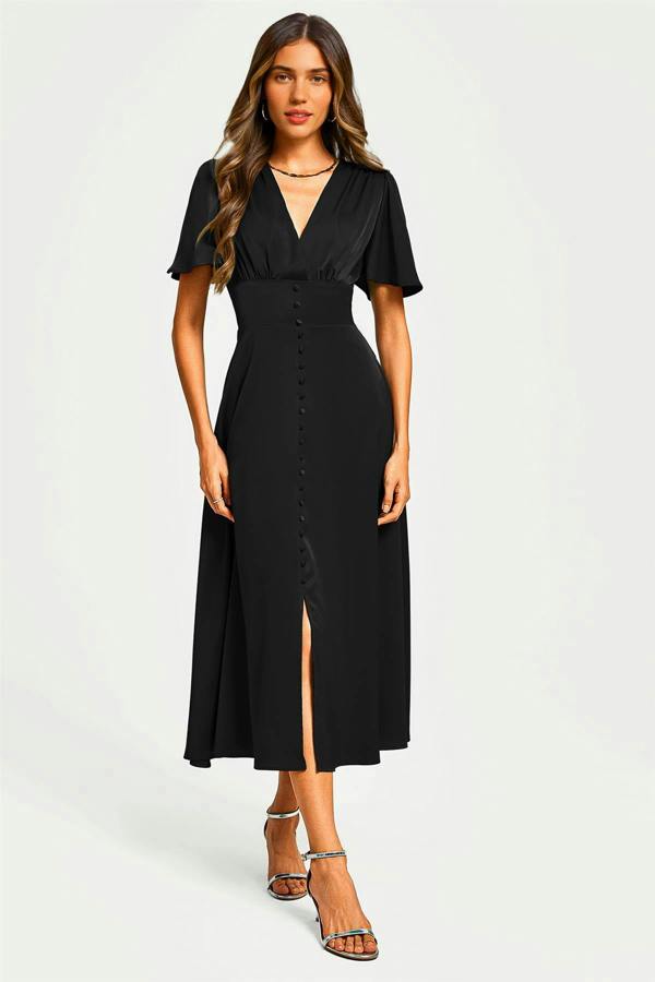 FS Collection Satin V neckline Button Detail Dress In Black