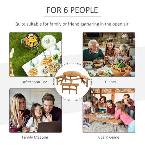 Wyld Haus Bare Wood Brown Red 6 Seater Round Picnic Table With 3 Benches And Parasol Hole