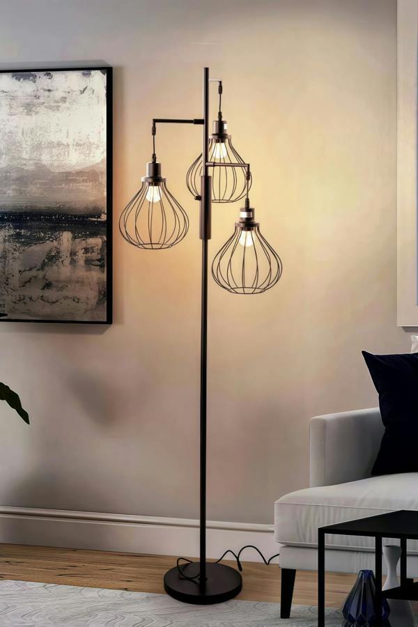 Living and Home Modern Industrial Black 3-Head Floor Lamp with Lantern Style Shade