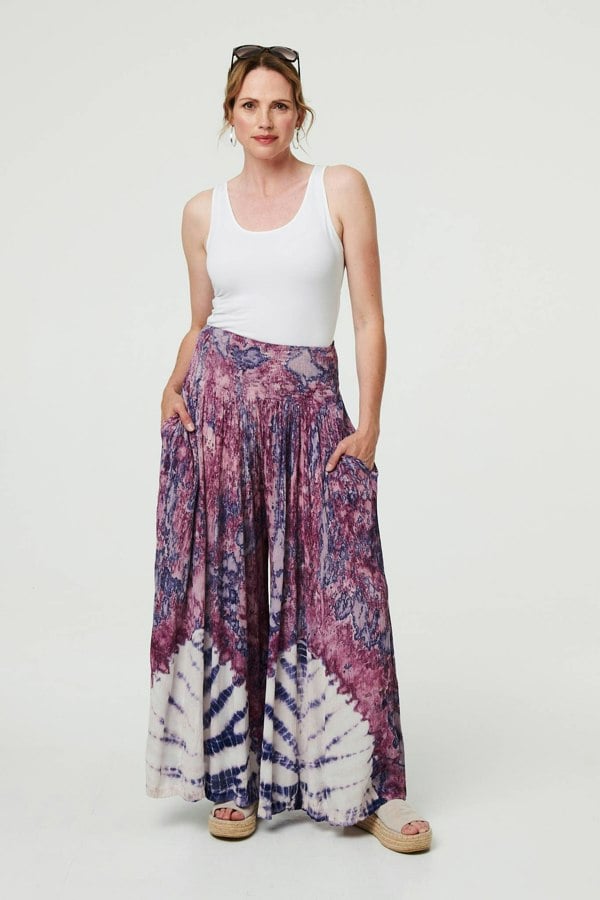 Purple | Tie Dye High Waist Shirred Wide Trousers
