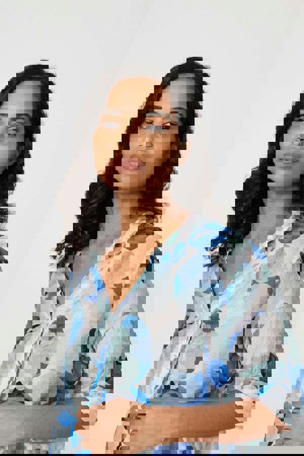 Blue | Printed 1/2 Sleeve Curve Hem Blouse