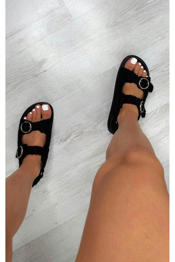 Zahra Faux Fur Double Buckle Sliders - Black