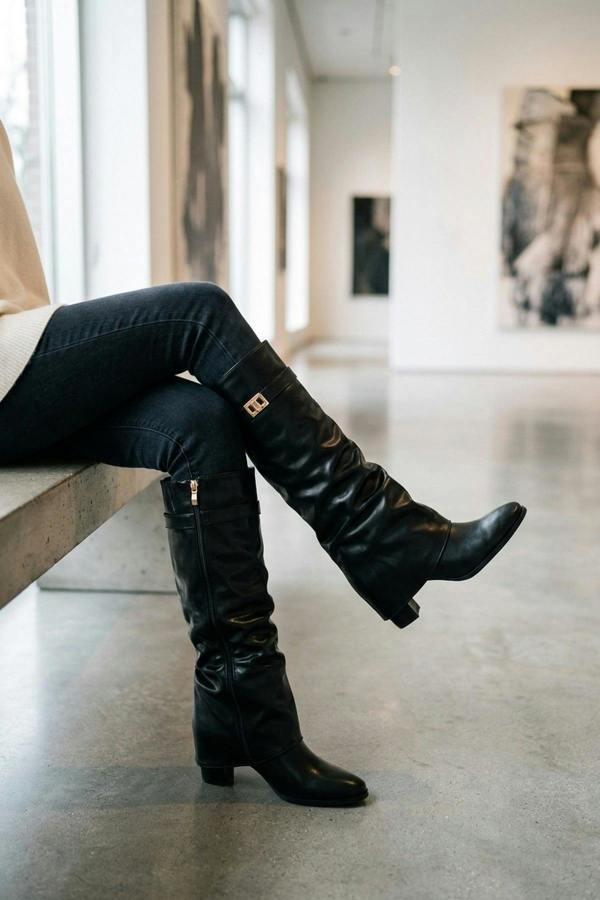 Cordelia Slouchy Wedge Knee High Boots - Black Pu