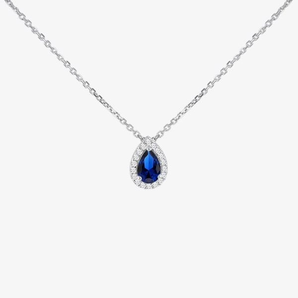 T. H. Baker Sterling Silver Blue Cubic Zirconia Teardrop Halo Necklace 8.19.3374