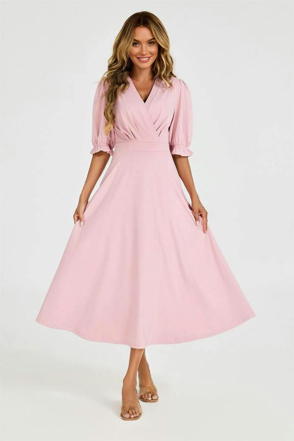 FS Collection Half Sleeves Jersey Midi Dress with Wrap Neckline In Dusty Blush