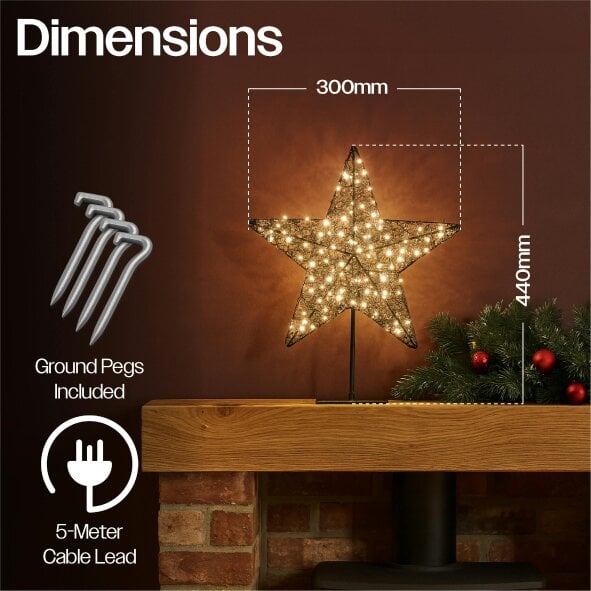 Scotts of Stow Xmas Haus Black Metal LED Christmas Star with Stand, 100 Warm White LEDs, 5m Cable