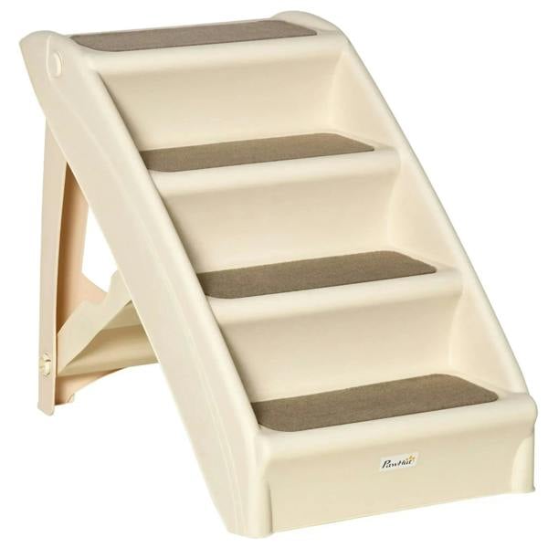 Beige four-step pet stairs with three dark gray non-slip tread pads