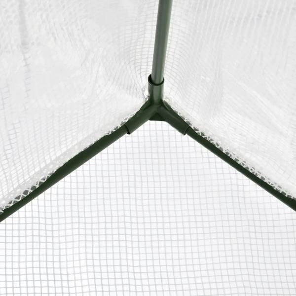 Steel frame corner with angled legs supporting white PE greenhouse cover