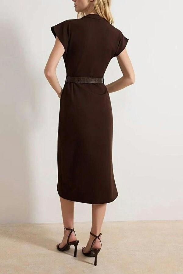 WOVCOR Belted Plain Midi Woven Dress