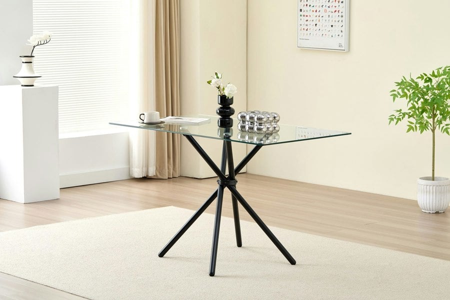 Indoor Living Miami Rectangle Glass Dining Table with starburst black legs