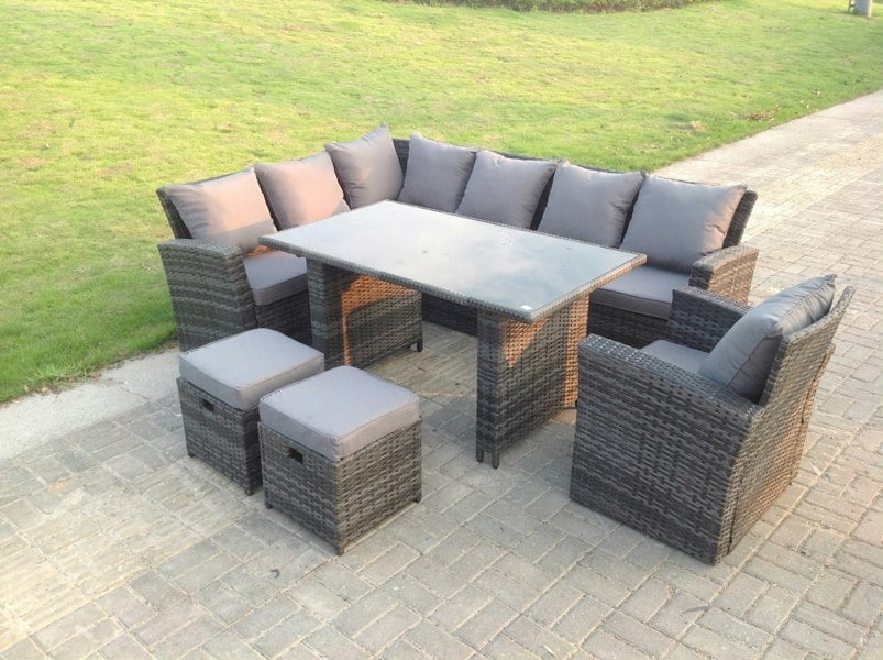 Fimous 9 Seater High Back Rattan Garden Furniture Set Corner Sofa With Black Tempered Dining Table 2 Stools With Arm Chair