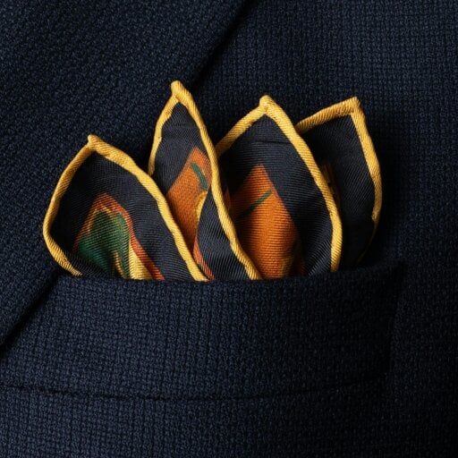 Otway & Orford 'The Hunt' silk pocket square in gold, orange, green & blue (42 x 42cm)