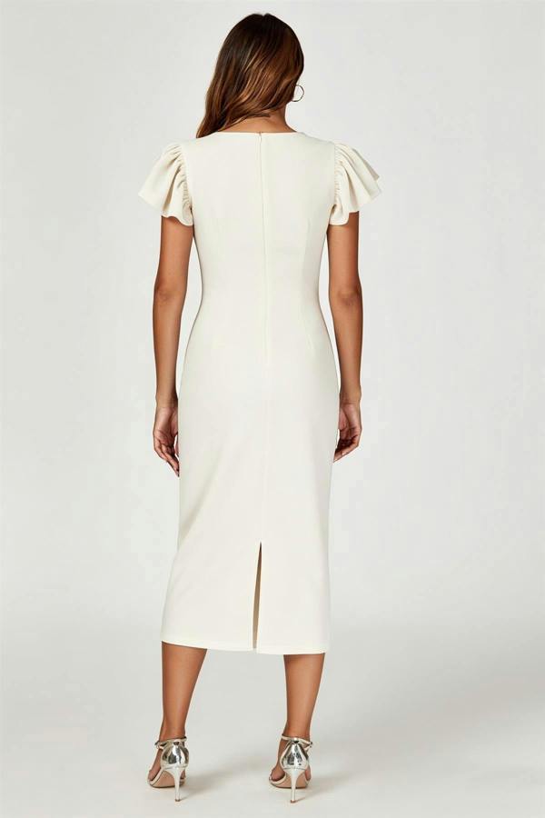 FS Collection Volume Sleeve Bodycon Midi Dress In Off White