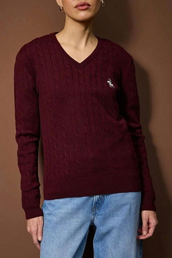 WOVCOR Horse Embroidered V-Neck Cable Knit Sweater