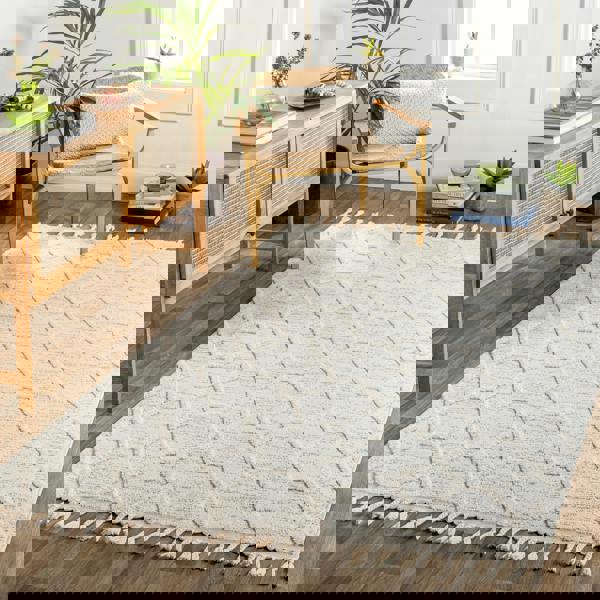 Livabliss Nora-Geometric Grey Ivory Brown High Pile Fringe Rug