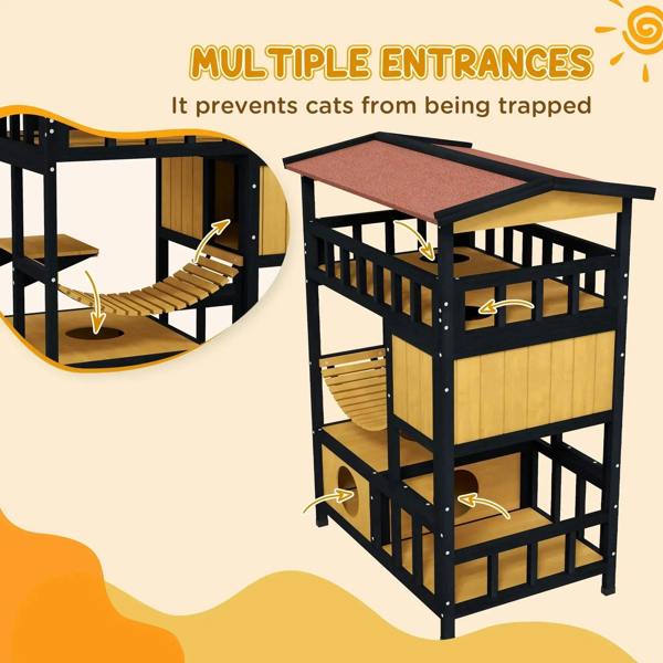 Four-tier wooden cat shelter with multiple entrances and access ramps