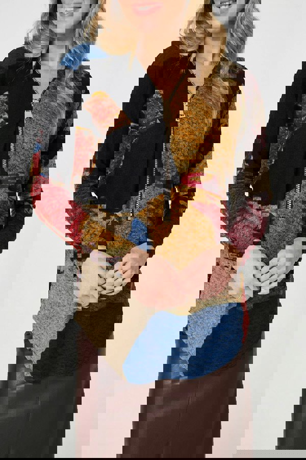 Red | Abstract Zip V-Neck Long Sleeve Relaxed Top
