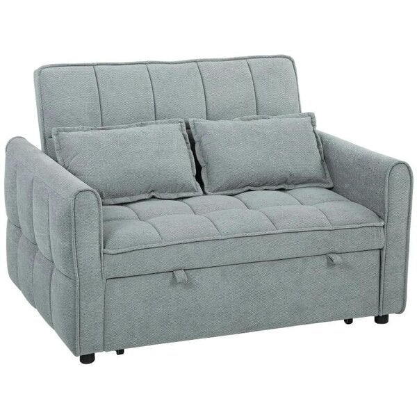 2 Seater Sofa Bed, 3-in-1 Convertible Sleeper Sofa with Click-clack Adjustable Backrest and 2 Pillows, Grey