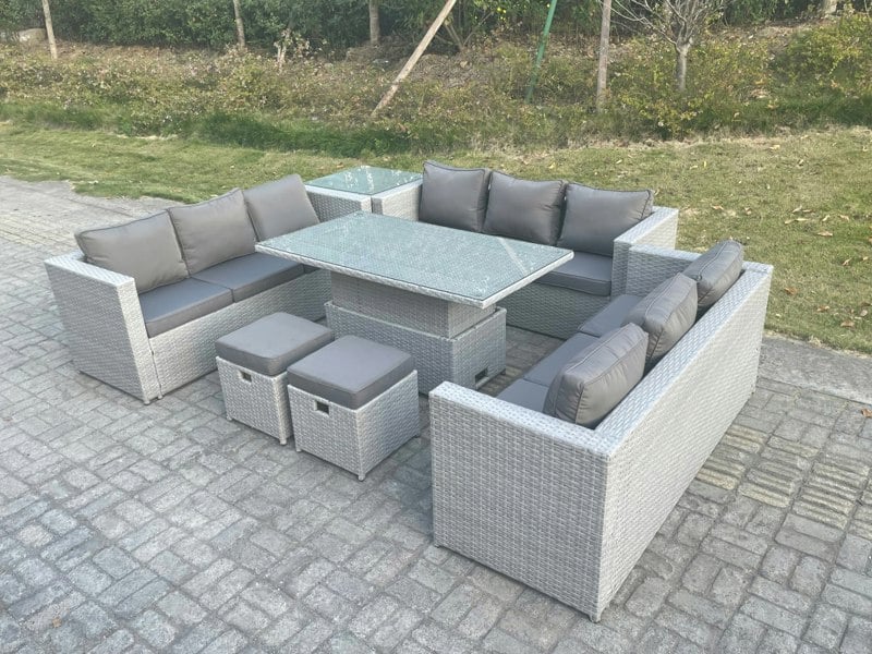 Fimous U Shape Lounge Rattan Garden Furniture Set Adjustable Rising Lifting Table Dining Set With Side Coffee Tea Table Stool