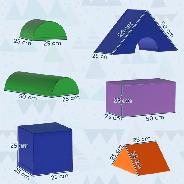 Colorful foam block set diagram with size measurements in cm
