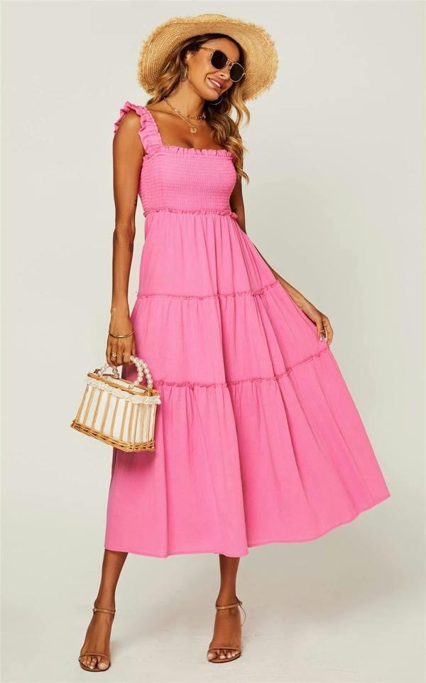 FS Collection Hem Detail Tiered Maxi Dress In Fuchsia Pink