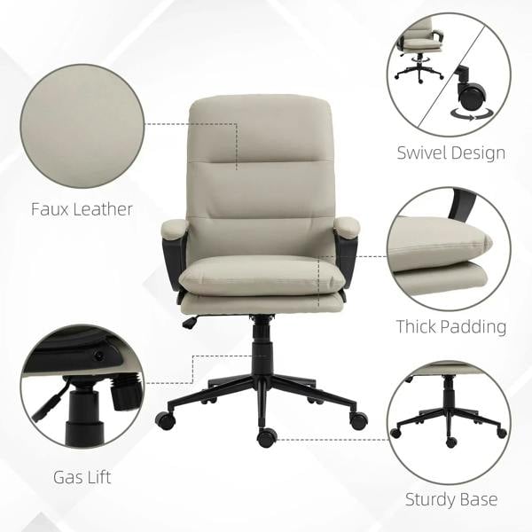 Light grey PU leather office chair highlighting thick padding and gas lift