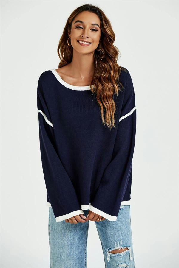 FS Collection White Striped Oversized Jumper Top In Navy