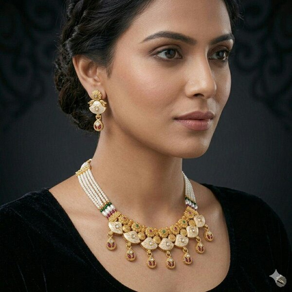The Colourful Aura Gold Kundan Choker Necklace Set with Pearl Chain and Earrings