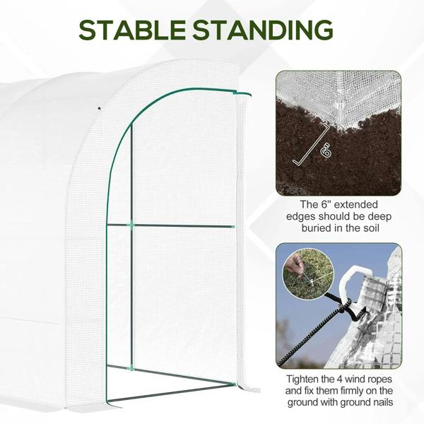 White greenhouse with zippered door, anchored edges, and 4-point tightening ropes