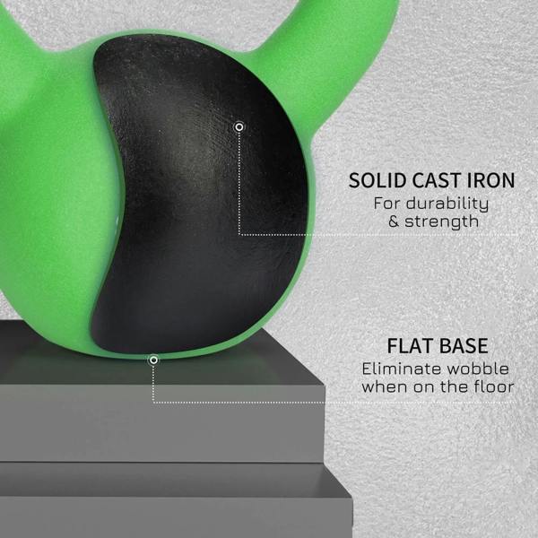 Green soft kettlebell with flat base and solid cast-iron construction shown